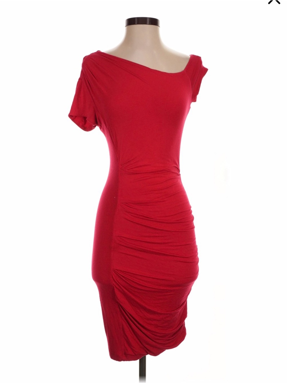 bebe Red One-Shoulder Ruched Midi Dress